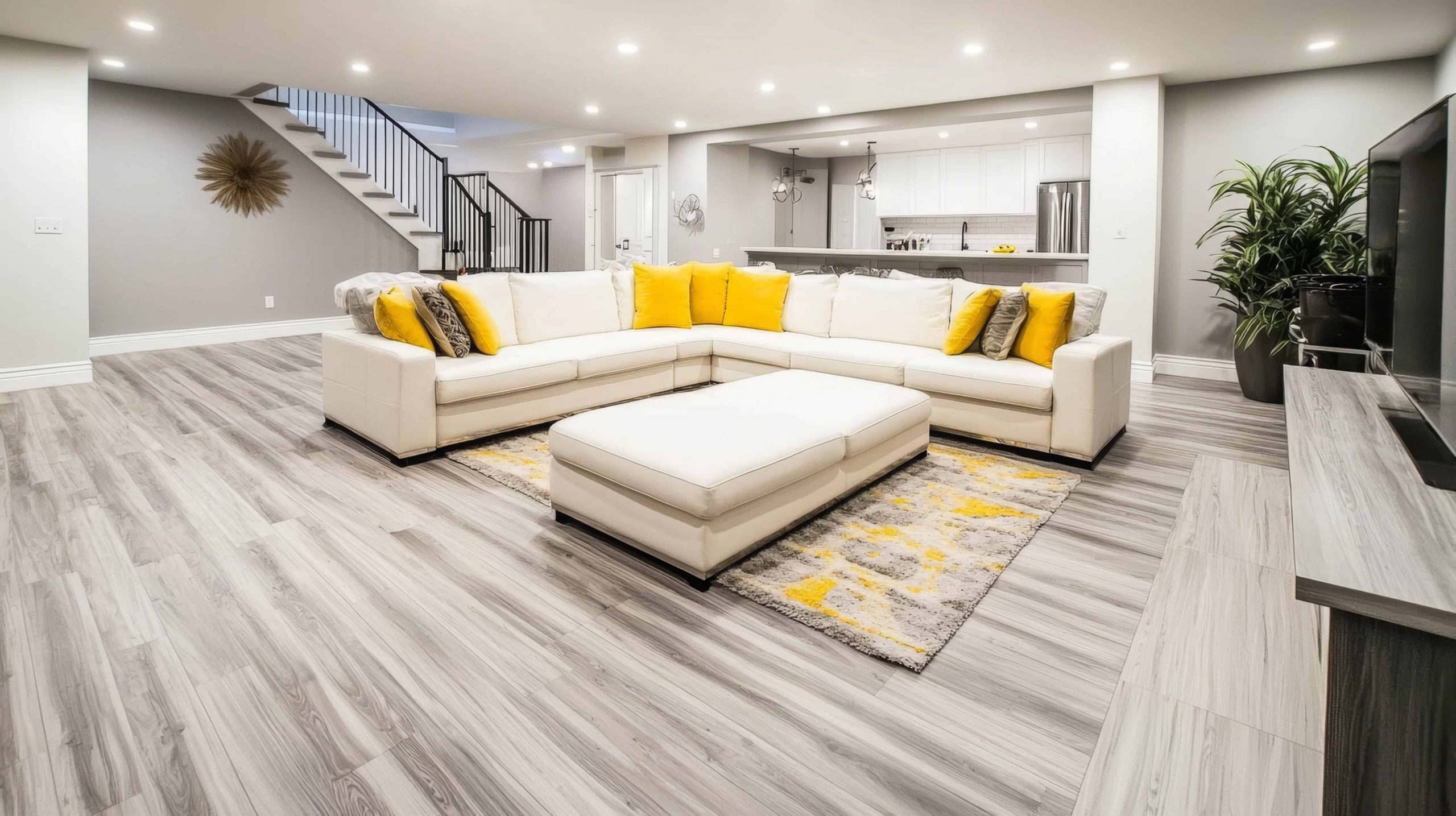 Modern finished basement renovation in Ottawa with an open living area and kitchenette